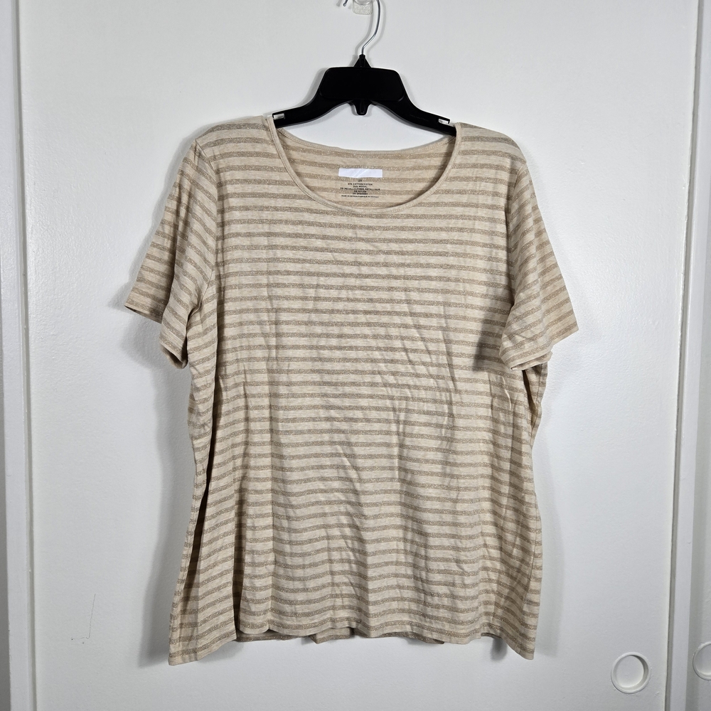 Talbots Woman Tan Gold Metallic Striped Short Sleeve Round Neck Cotton Tee‎ 2X